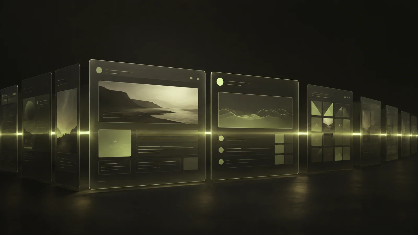 Luminous window planes connected by a continuous lime line.